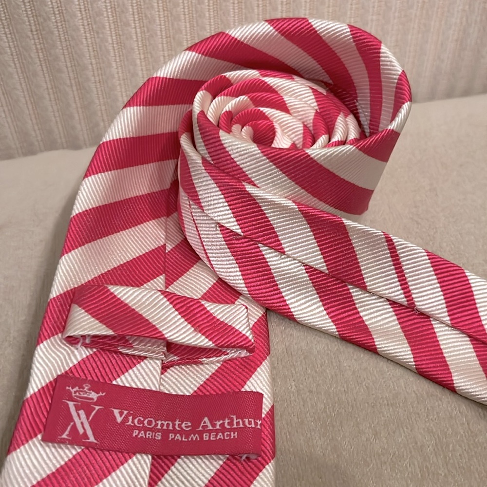 Vintage VICOMTE ARTHUR PALM BEACH Pink & White silk striped men’s necktie 3.75” - Picture 2 of 6